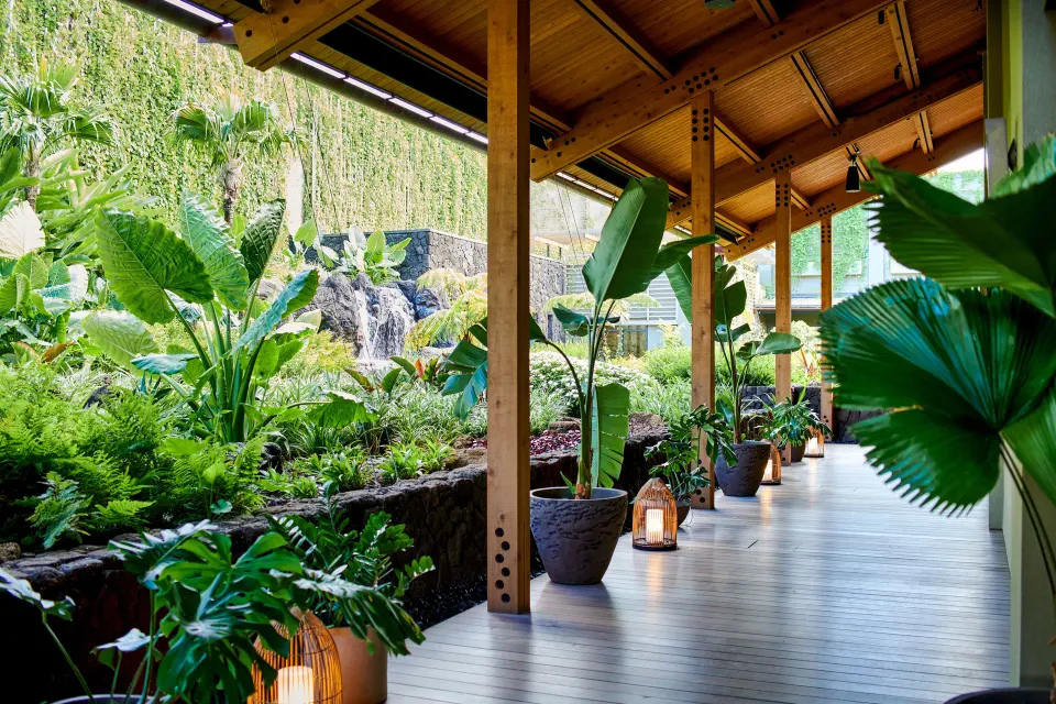 Covered garden walkway with tropical plants and a small waterfall at 1 Hotel Hanalei Bay.