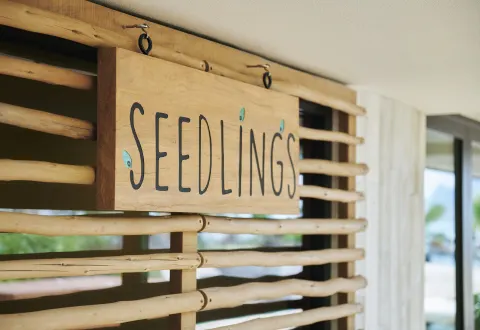 Seedlings sign on a bamboo wall at 1 Hotel Hanalei Bay.