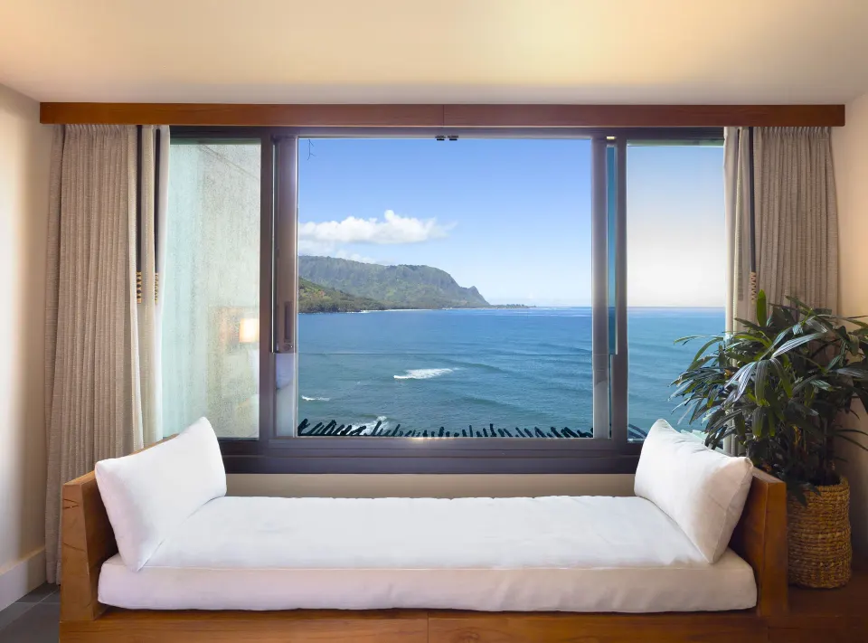 Window daybed in an Ocean View 2 Queens room overlooking 1 Hotel Hanalei Bay at 1 Hotel Hanalei Bay.