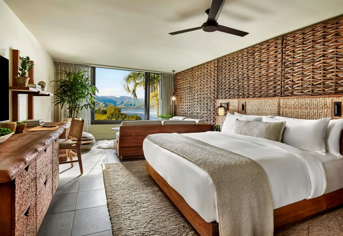 Ocean View Lounge guest room with king bed and mountain view at 1 Hotel Hanalei Bay.