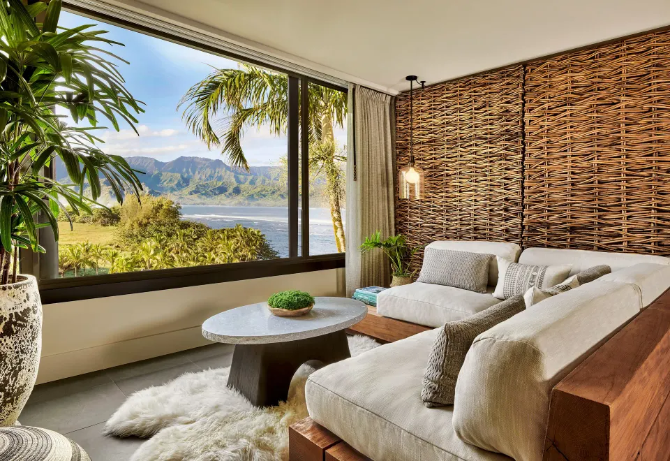 Ocean View Lounge sitting area with bay and mountain view at 1 Hotel Hanalei Bay.