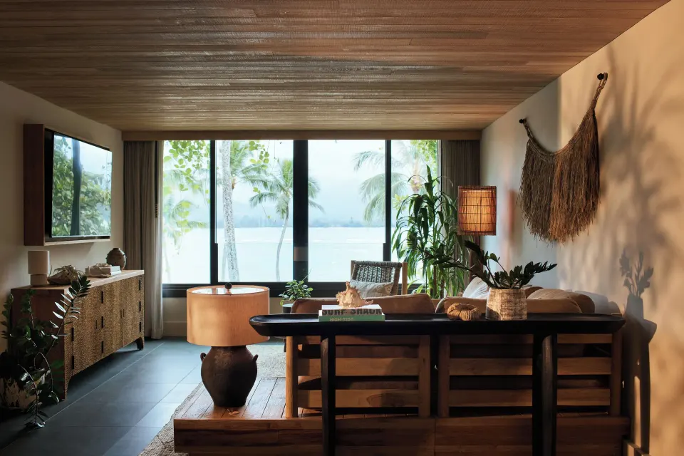 Ocean View Studio Suite living area with bay views at 1 Hotel Hanalei Bay.