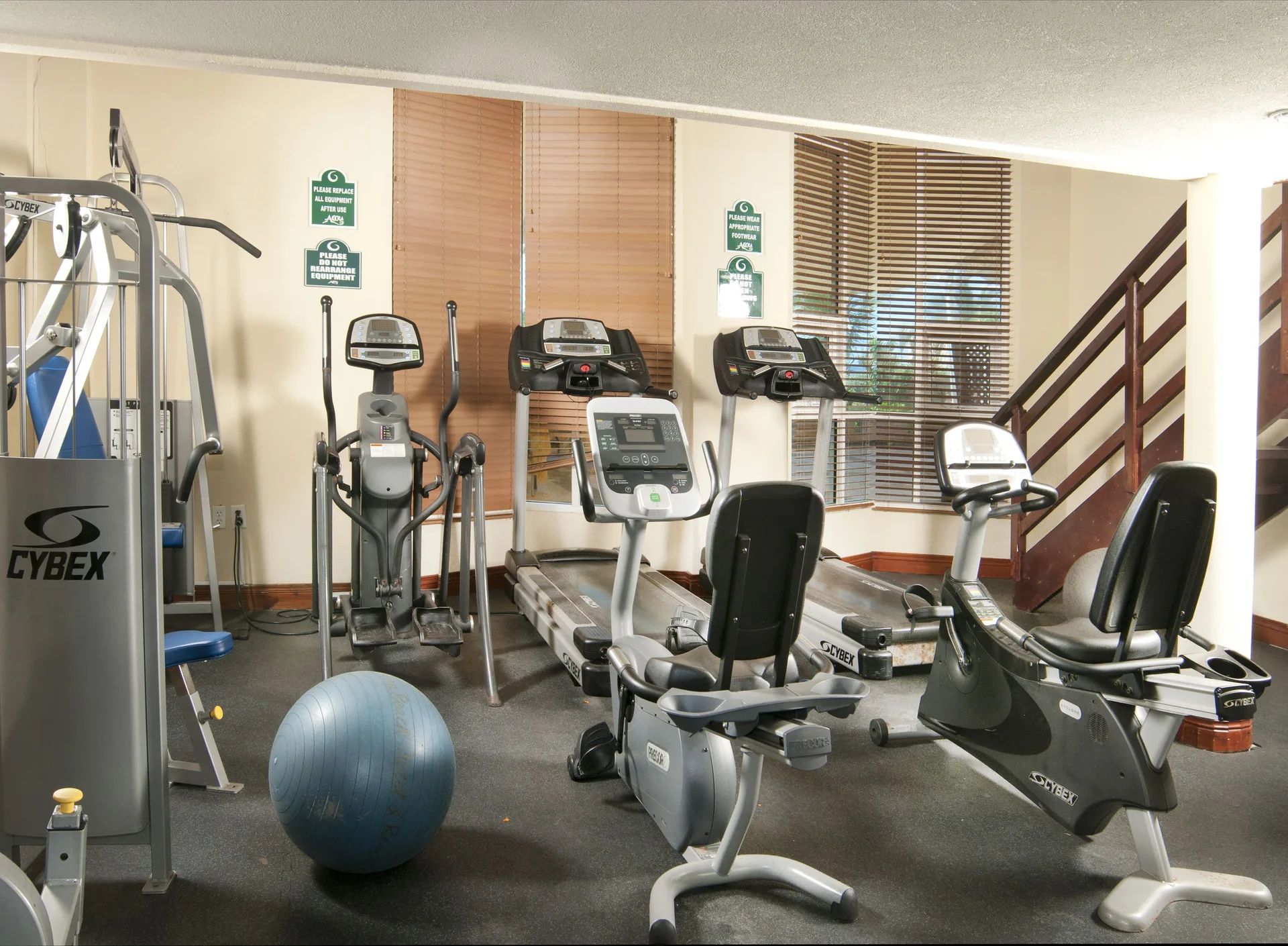 Fitness room with cardio machines and weights at Accra Beach Hotel & Spa.