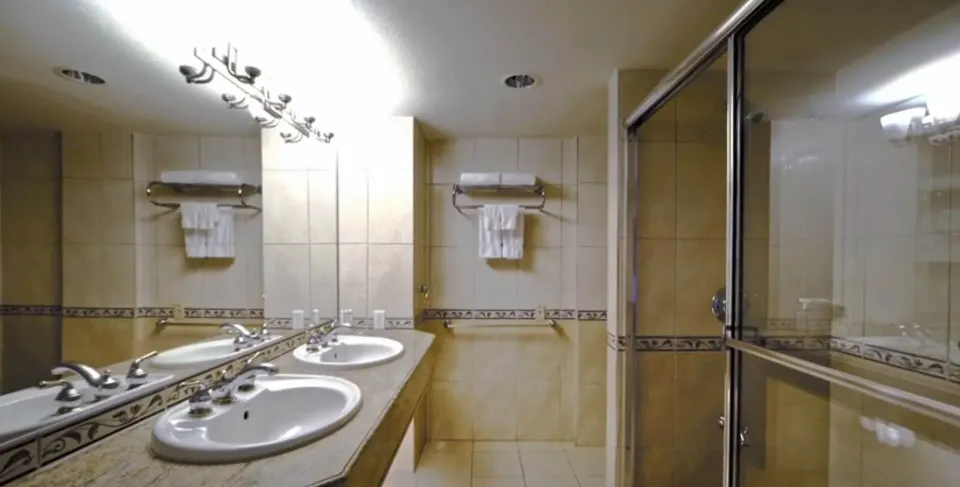 Junior Suite Island View bathroom with double vanity and glass shower at Accra Beach Hotel & Spa.