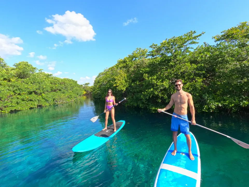 Two people paddleboarding together through clear mangrove waters at Ahau Tulum