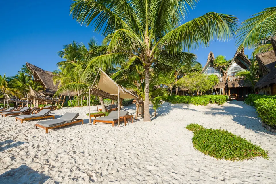 Row of shaded lounge beds on white sand beach at Ahau Tulum