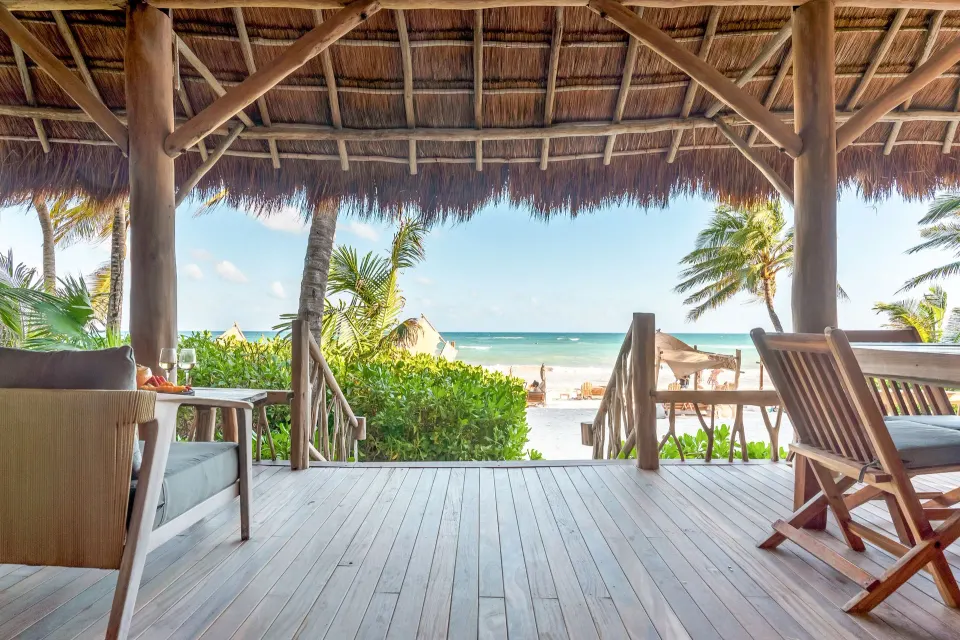 Open terrace view from the Master Suite Oceanfront Beach Level to the beach and ocean at Ahau Tulum