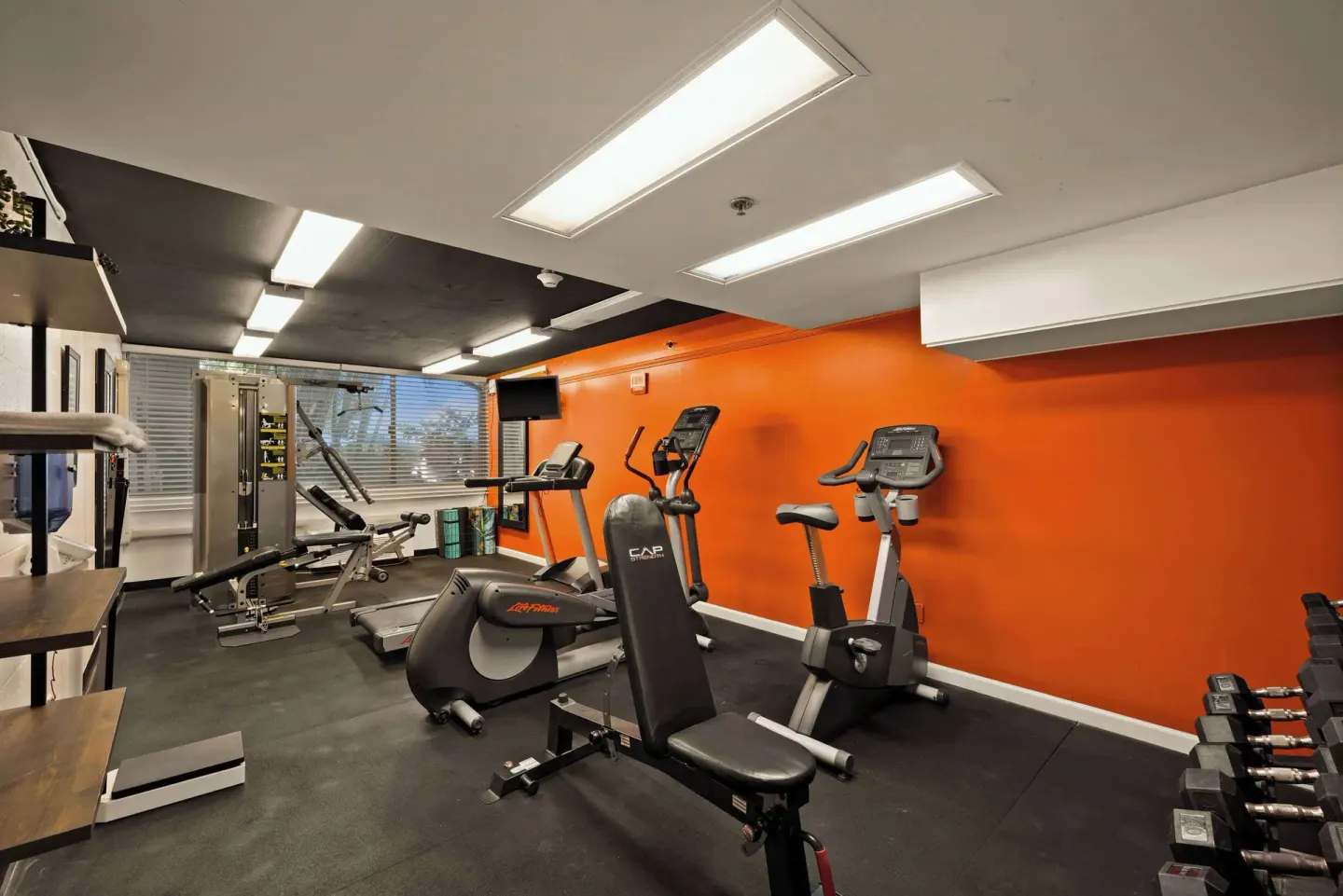 Fitness room with cardio machines, bench, weights and orange wall at Airport Honolulu Hotel.