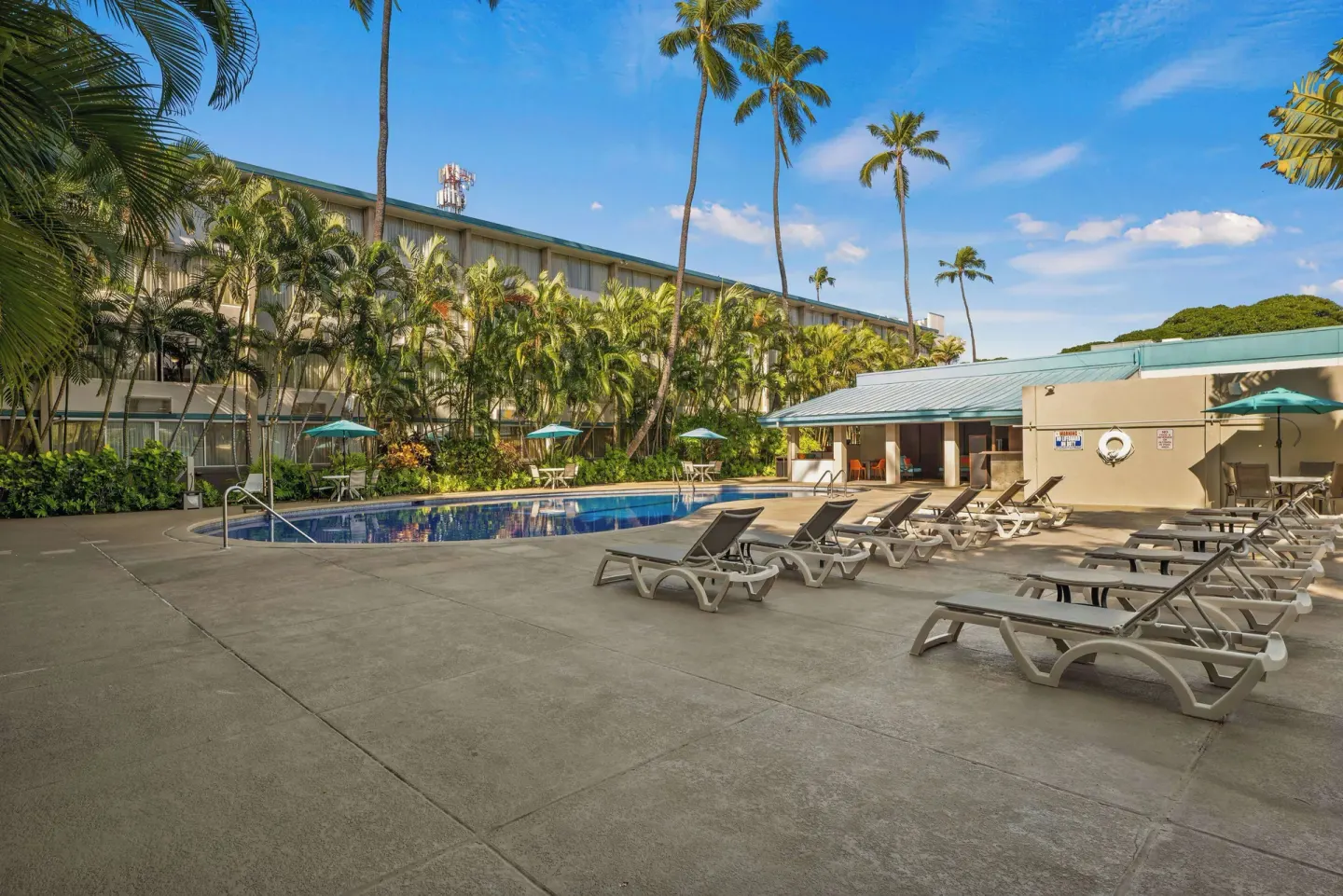 Poolside lounge chairs beside palms at Airport Honolulu Hotel.