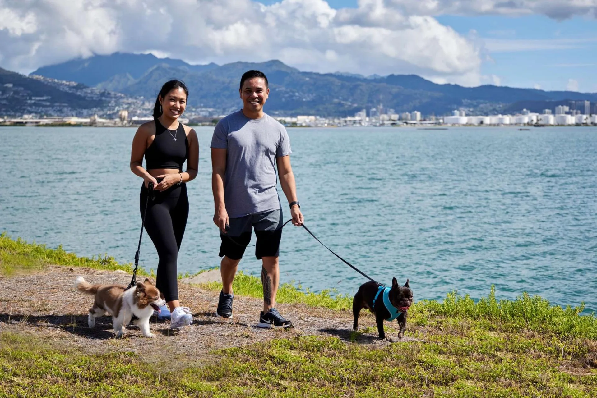 Two guests walk dogs by the waterfront near Airport Honolulu Hotel.