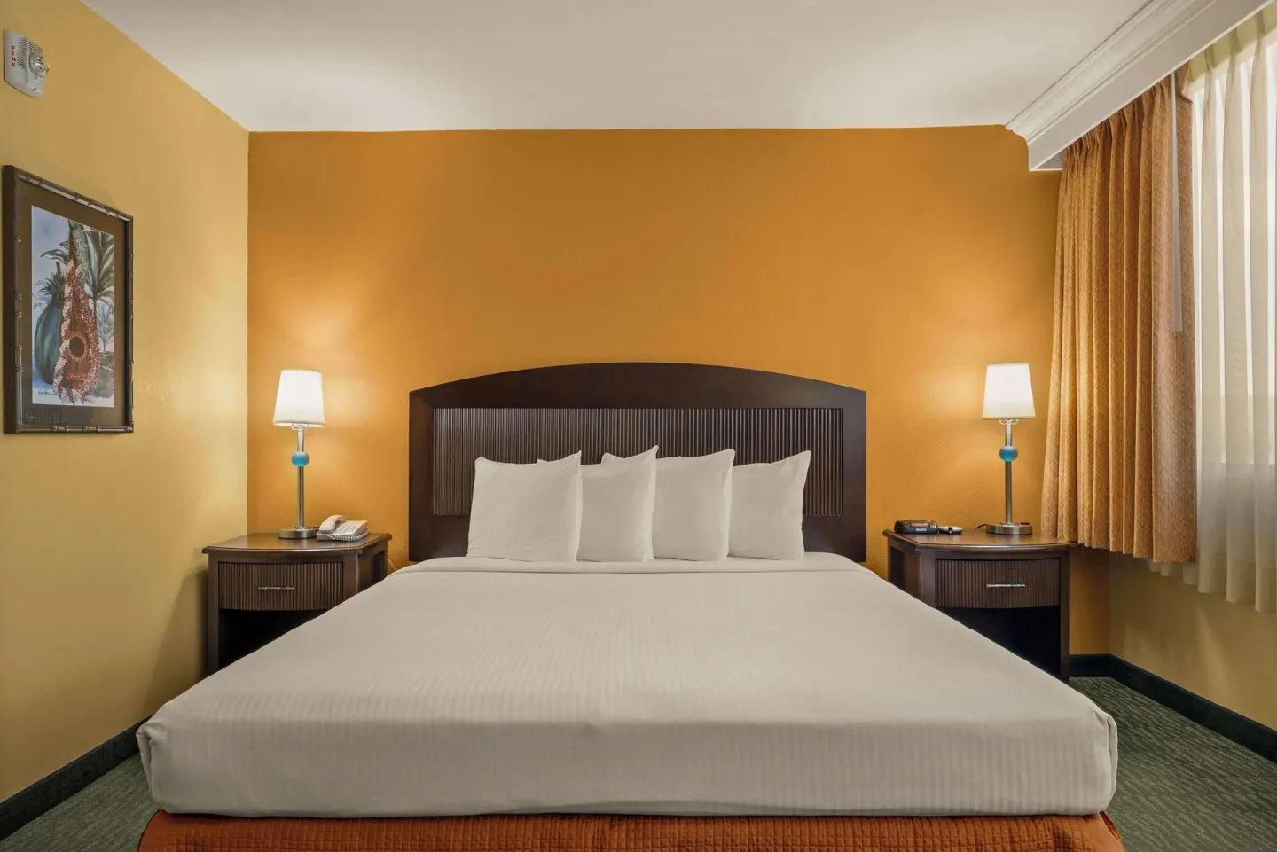 King bed with nightstands and window curtains in a non-smoking room at Airport Honolulu Hotel.