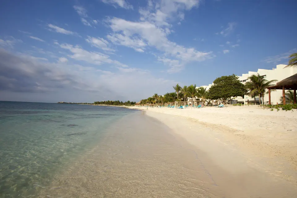 Calm shoreline and distant resort buildings on a sunny day at Akumal Bay Beach & Wellness Resort