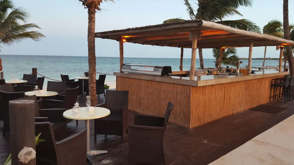 Open-air beach bar with a thatch-roof service counter at Akumal Bay Beach & Wellness Resort