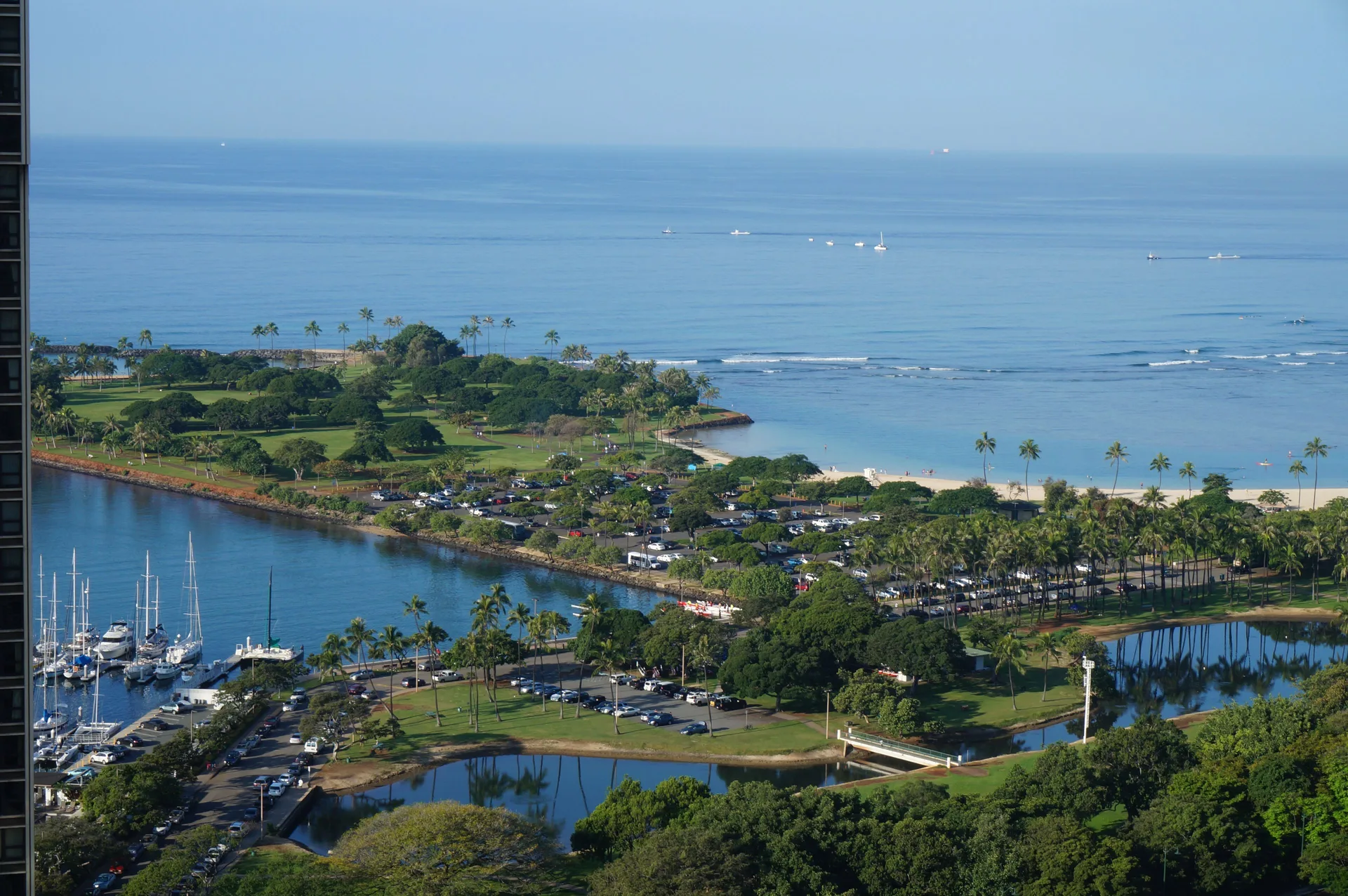 Lagoon, marina, beach, and ocean view from Ala Moana Hotel on a clear day.