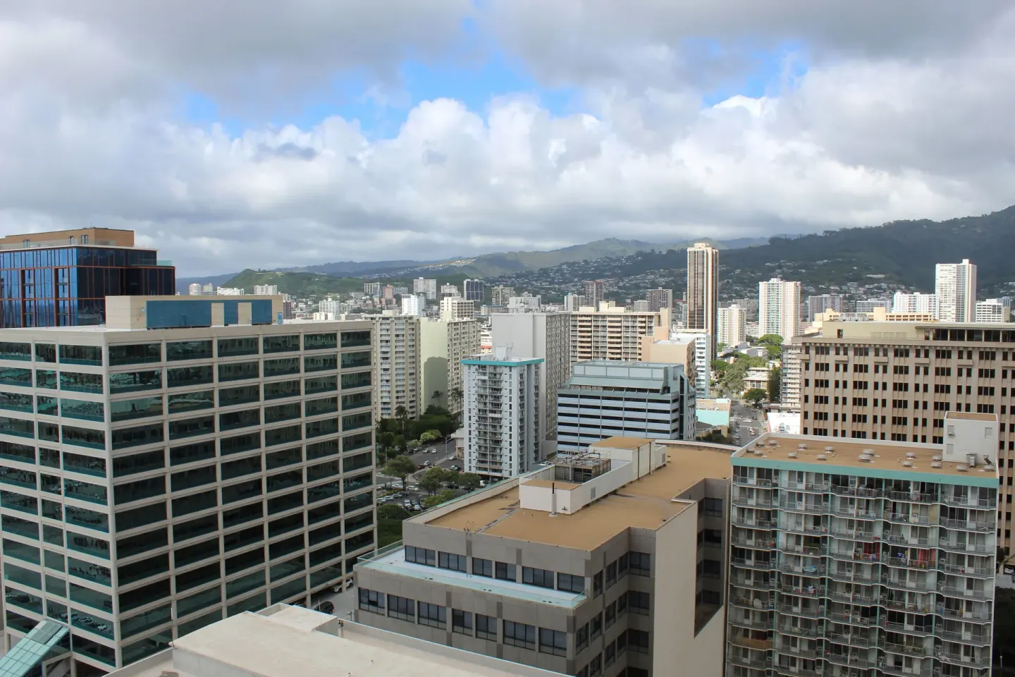 City and mountain view from a Standard Room at Ala Moana Hotel.