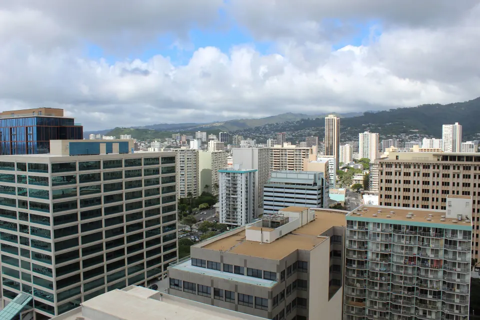 City and mountain view from a Standard Room at Ala Moana Hotel.