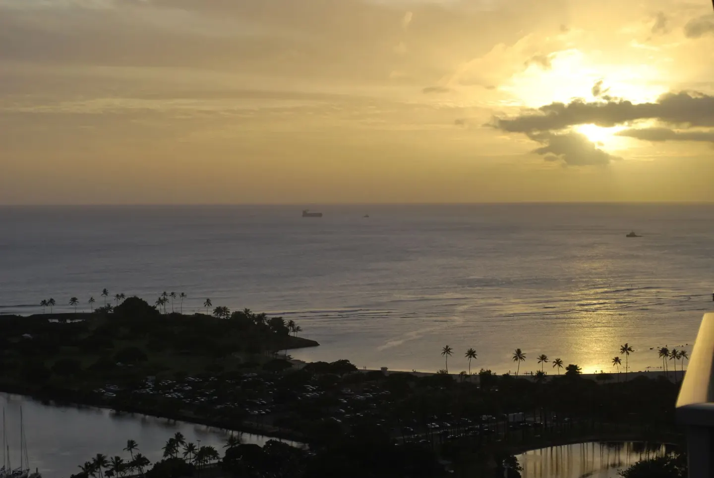 Sunset ocean view from a Superior Room in the Waikiki Tower at Ala Moana Hotel.