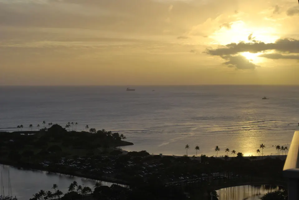Sunset ocean view from a Superior Room in the Waikiki Tower at Ala Moana Hotel.