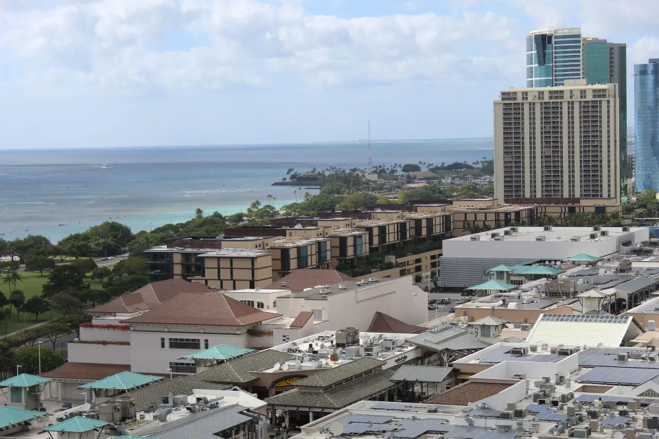 Ocean and city view from a Superior Room at Ala Moana Hotel.