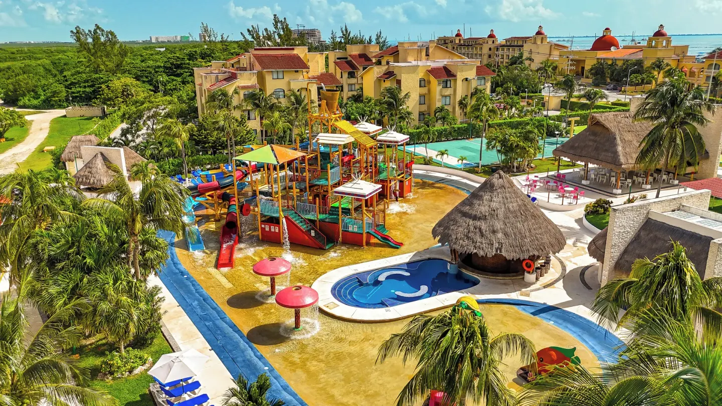 Aerial view of the water park and resort grounds at All Ritmo Cancun Resort & Water Park.