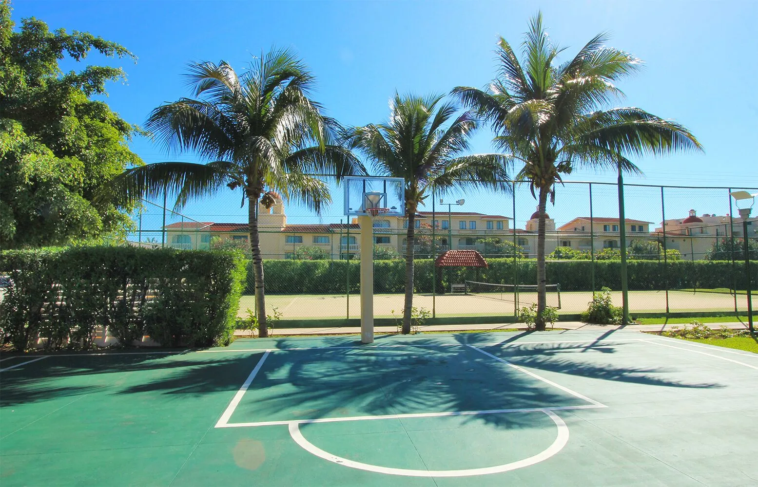 Basketball court beside palms at All Ritmo Cancun Resort & Water Park.