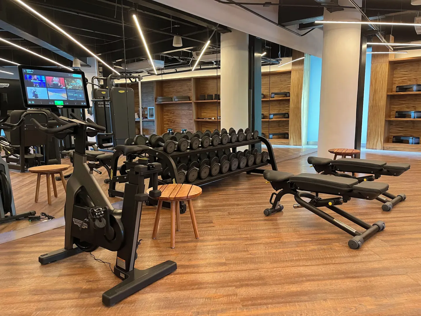 Fitness center with bikes, dumbbells and benches at Almare, a Luxury Collection Resort, Isla Mujeres.