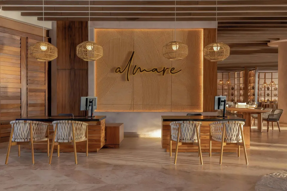 Front desk area with Almare sign at Almare, a Luxury Collection Resort, Isla Mujeres.