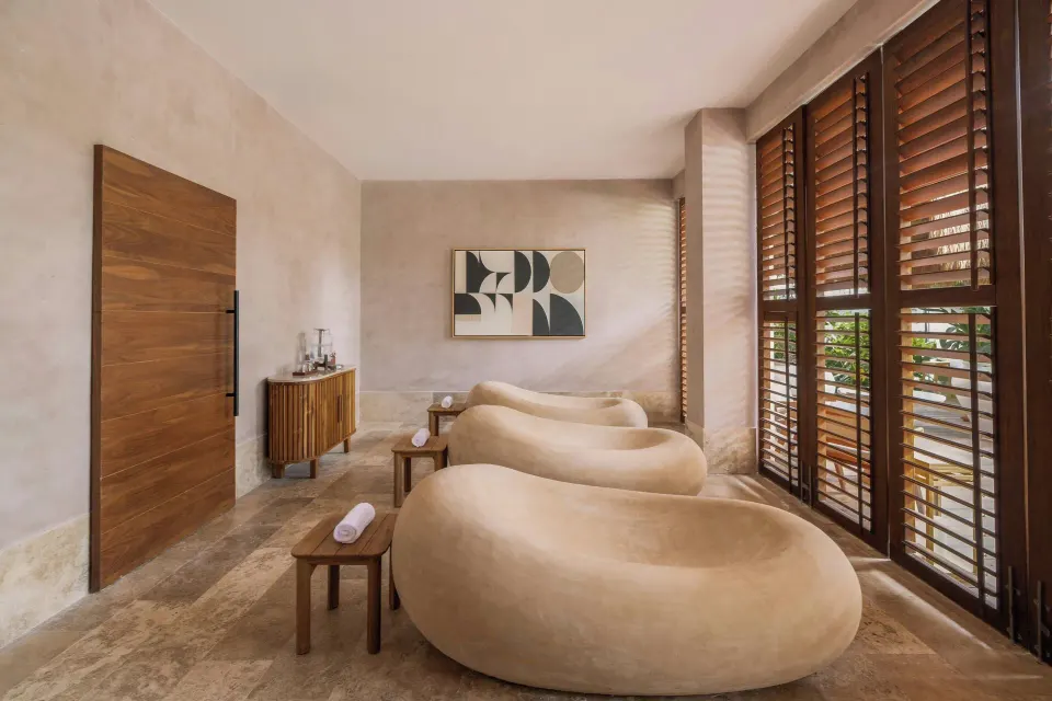 Spa relaxation room with sculptural loungers at Almare, a Luxury Collection Resort, Isla Mujeres.