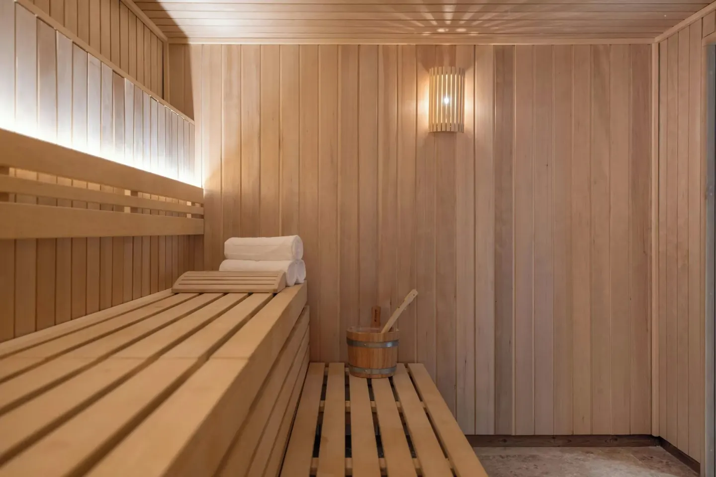 A wood-lined sauna with benches and a water bucket is shown at Almare, a Luxury Collection Resort, Isla Mujeres.