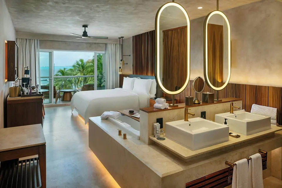 Deluxe Room with king bed, double vanity and balcony view at Almare, a Luxury Collection Resort, Isla Mujeres.