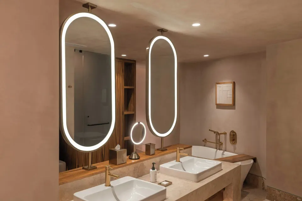 Grand Suite bathroom double sinks and lit mirrors at Almare, a Luxury Collection Resort, Isla Mujeres.