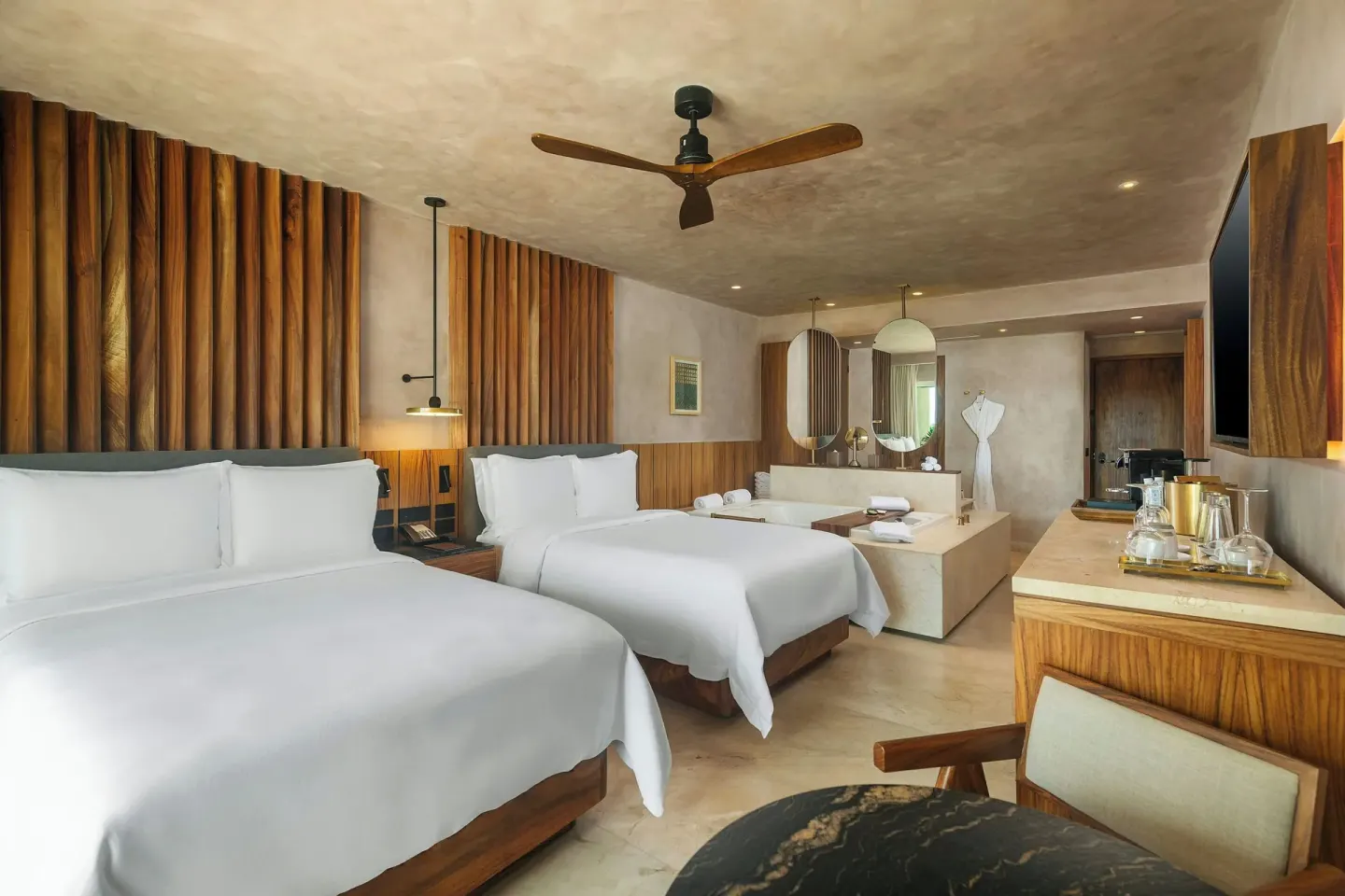 Standard Room Balcony with two beds and open vanity at Almare, a Luxury Collection Resort, Isla Mujeres.
