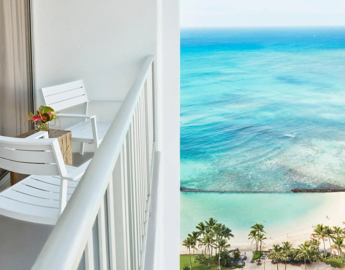 Guest room balcony with chairs and Waikiki ocean view at 'Alohilani Resort Waikiki Beach.