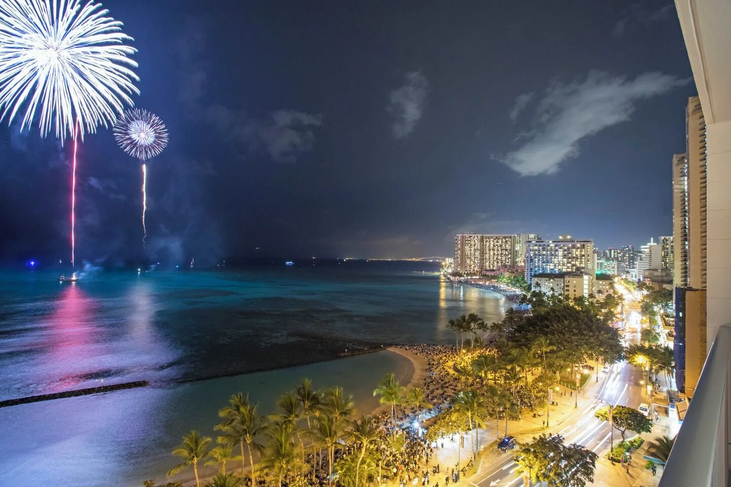 Fireworks light the Waikiki shoreline near 'Alohilani Resort Waikiki Beach.