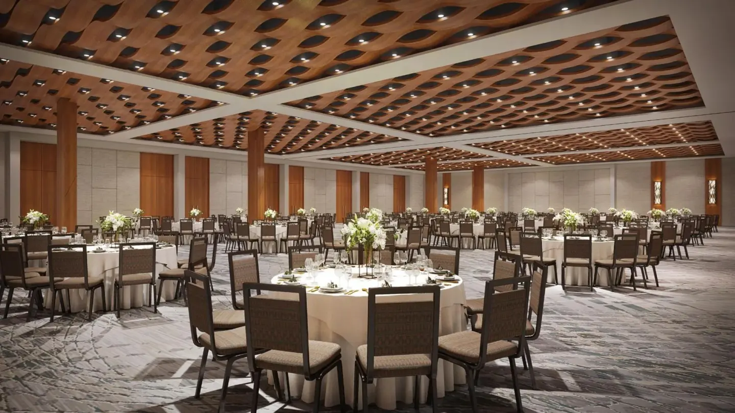 Ballroom set with round banquet tables at 'Alohilani Resort Waikiki Beach.