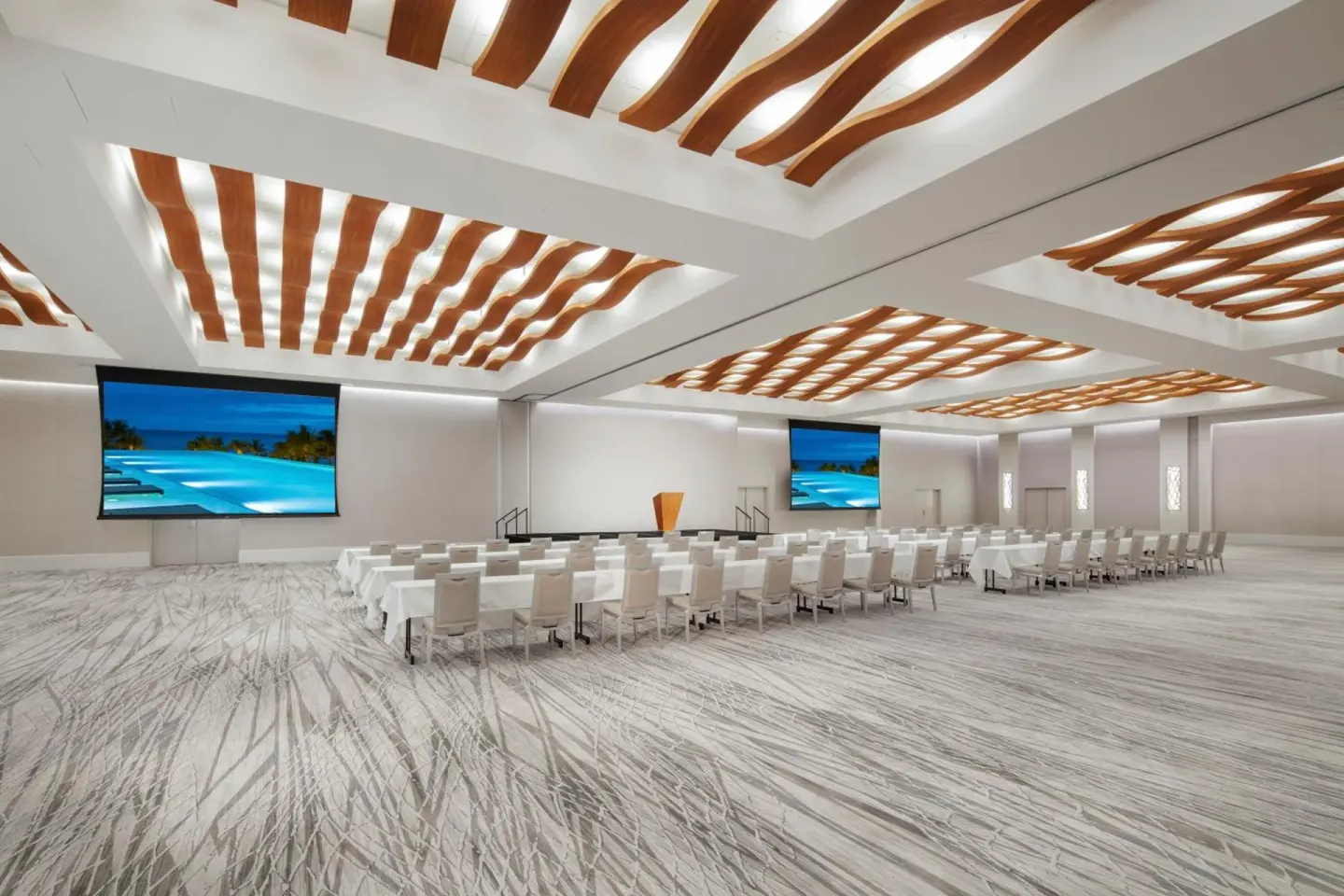 Ballroom set classroom-style with projection screens at 'Alohilani Resort Waikiki Beach.