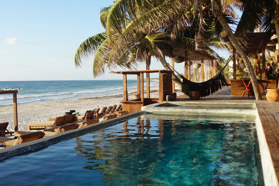 Infinity-style pool beside the beach with palm trees at Amansala