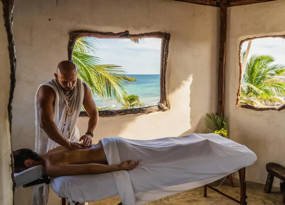Therapist giving a massage with ocean view windows at Amansala spa