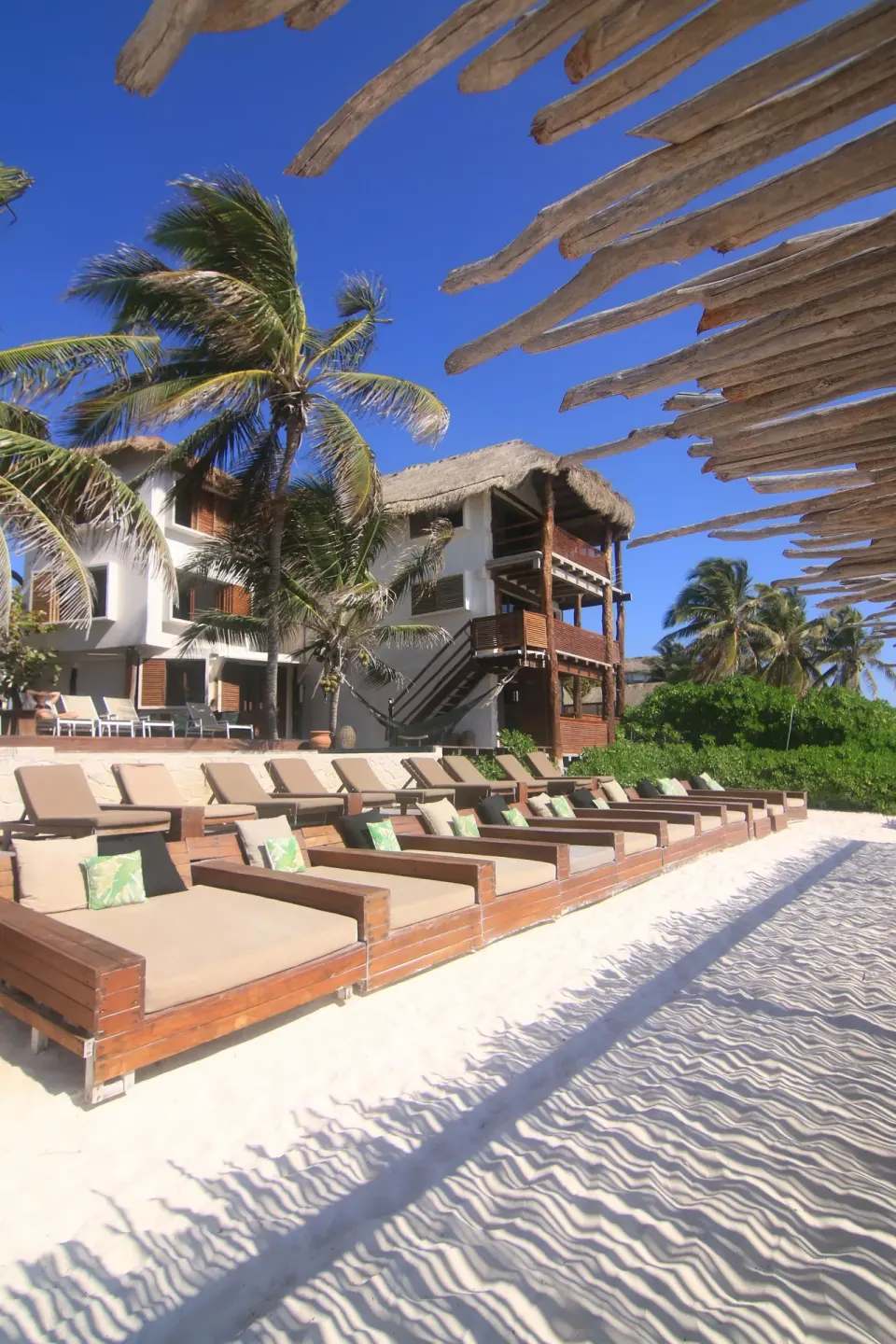 Multiple sun loungers on white sand with resort buildings and palms at Amansala