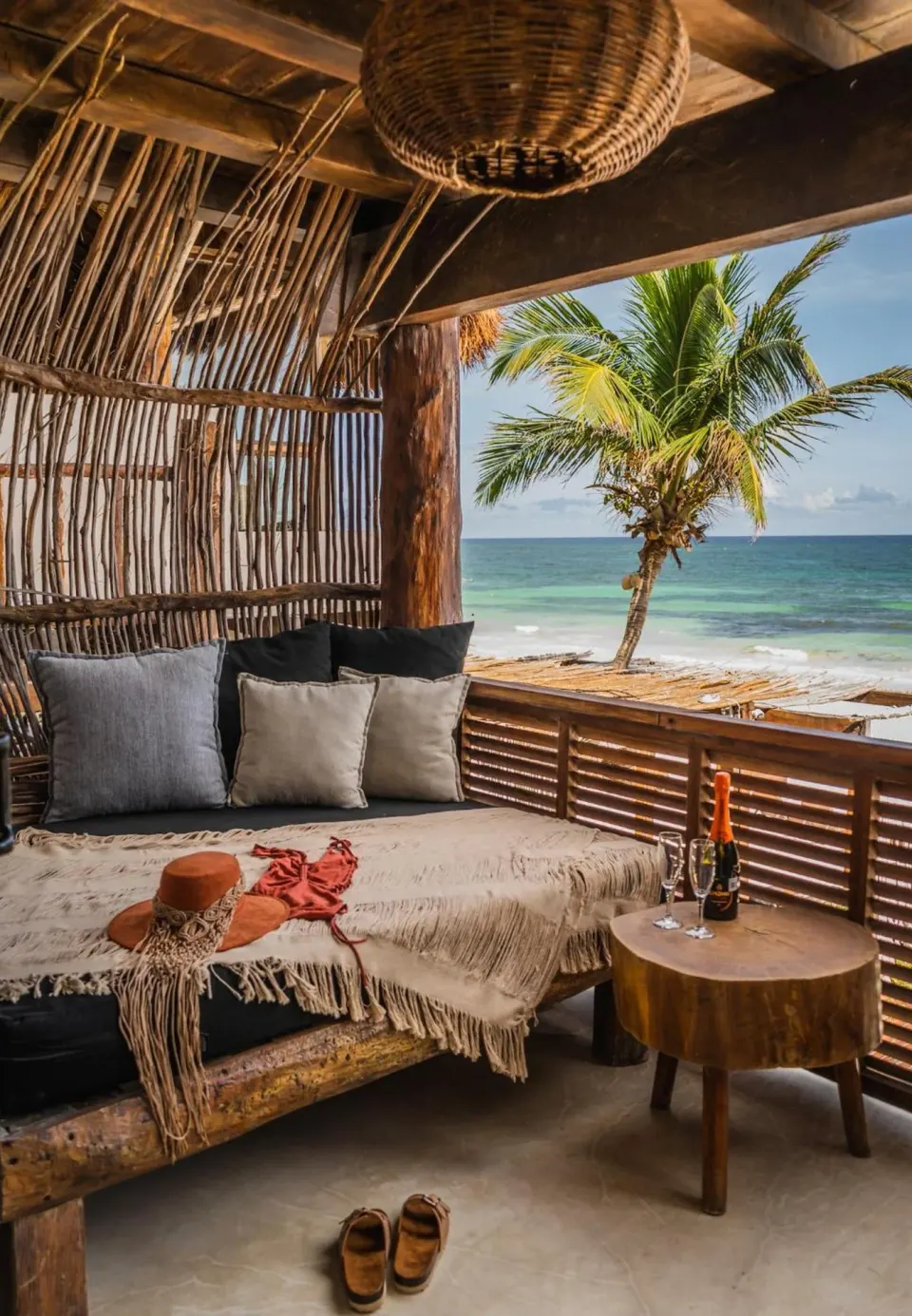 Shaded daybed terrace with ocean view at Amansala