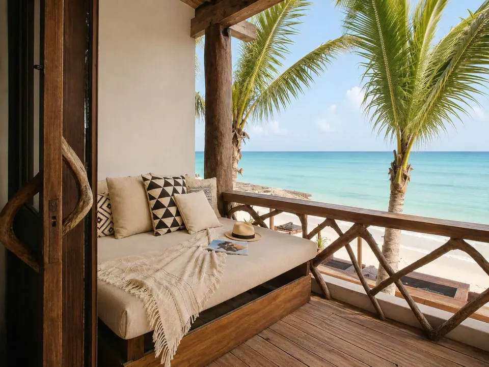 Wooden balcony daybed framed by palm trees and turquoise sea at Amansala