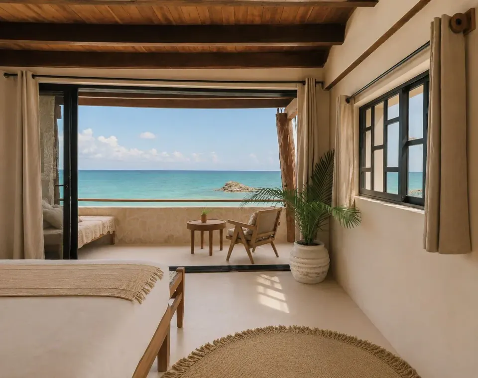Minimal bedroom with balcony and unobstructed sea view at Amansala