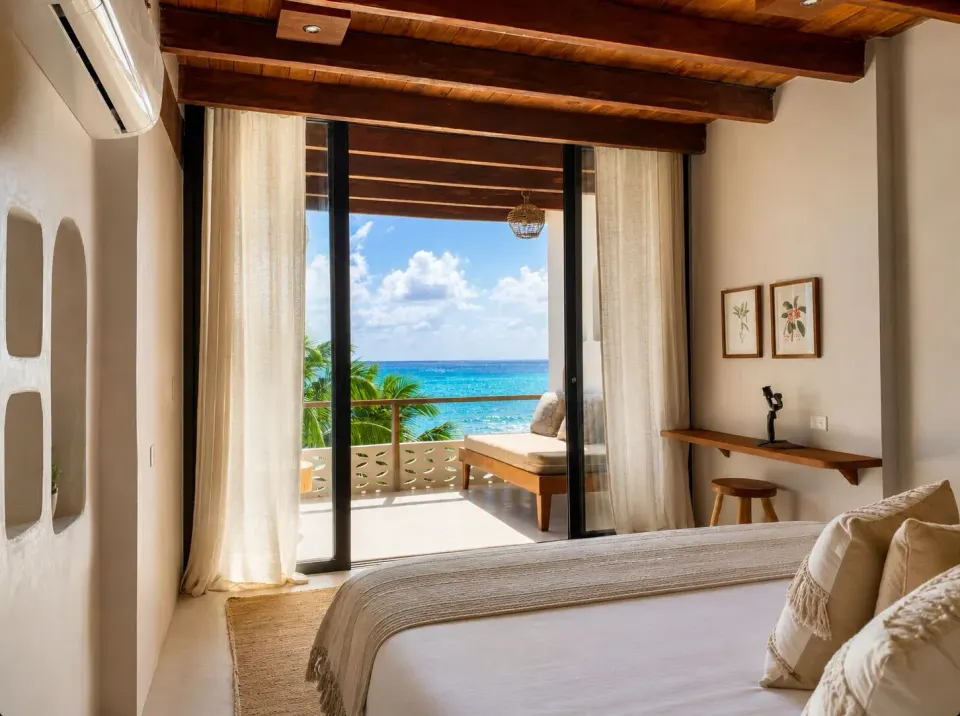 Bedroom opening to a balcony with ocean view and desk at Amansala