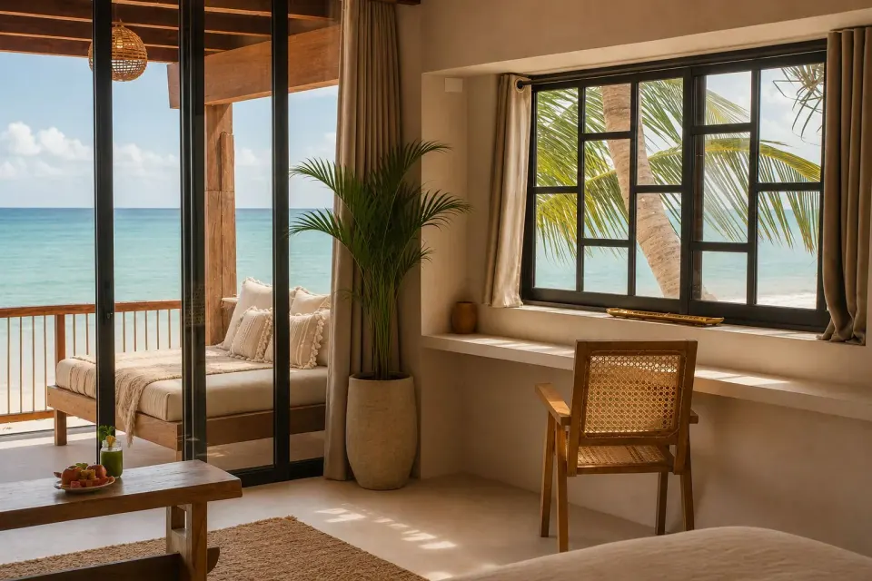 Beachfront room at Amansala showing bed area, seating and ocean view through sliding doors
