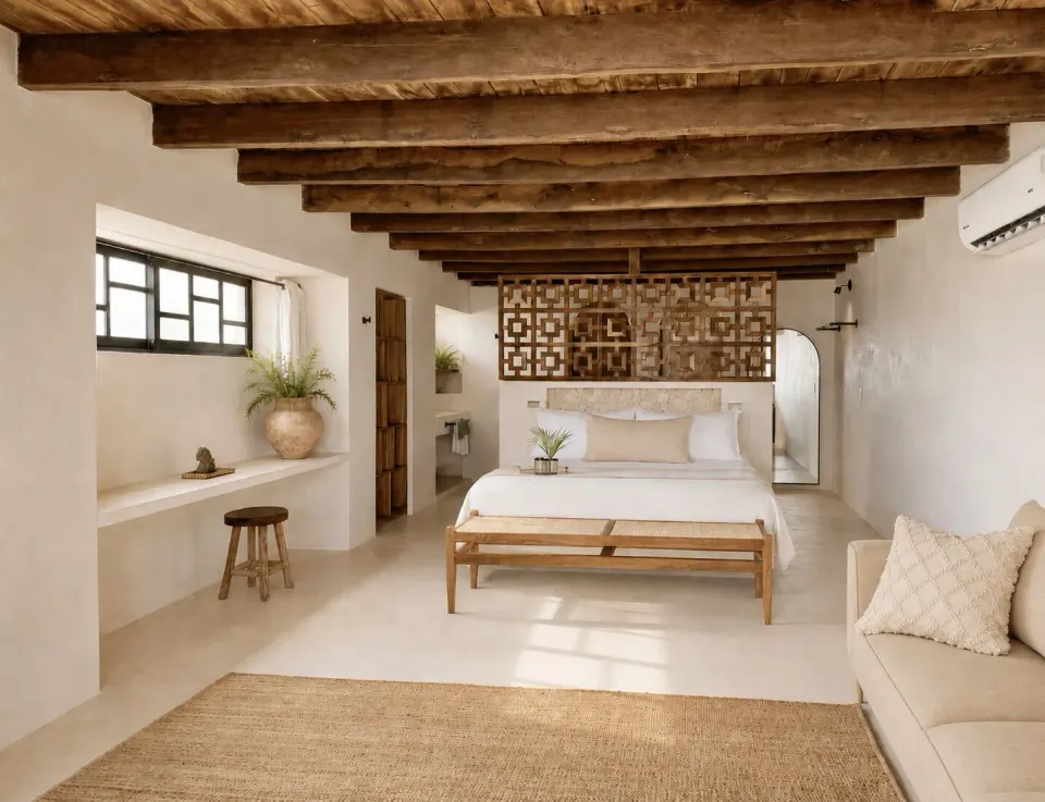 Spacious coastal suite at Amansala with exposed wooden beams and king bed