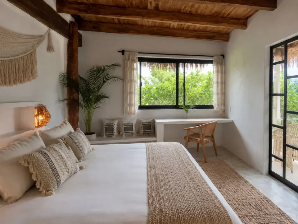 Garden Plus guest room with king bed, desk and sliding door at Amansala