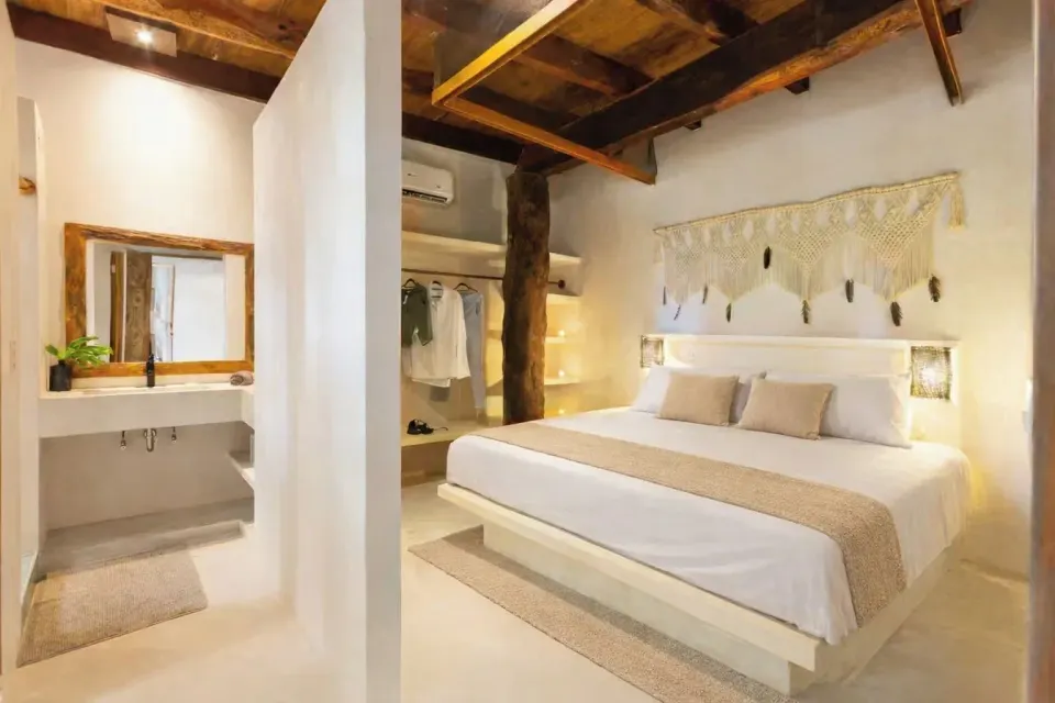King bed with open-plan vanity and wardrobe in Town House Shanti at Amansala