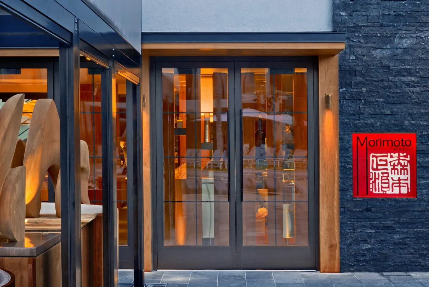Morimoto Maui entrance doors and sign at Andaz Maui at Wailea Resort.