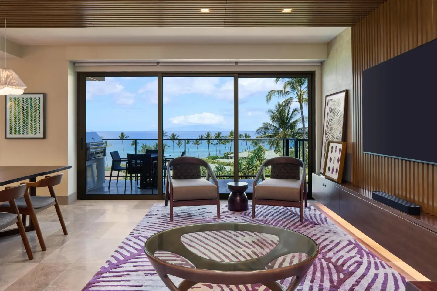 Living room of a 3 Bedroom Ilikai Villa with ocean view at Andaz Maui at Wailea Resort.