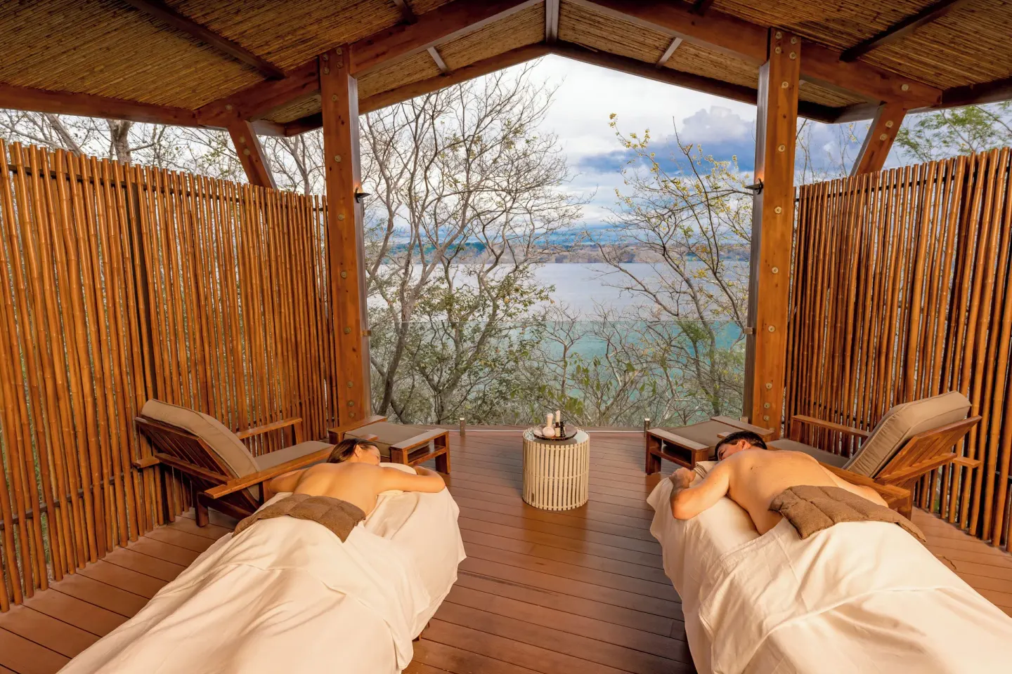 Couples massage deck with bay view at Andaz Peninsula Papagayo Resort, Costa Rica.